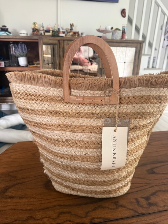 Antik Kraft Handbags - Antik Kraft Natural and Tan Woven Straw Tote with Leather Handles
